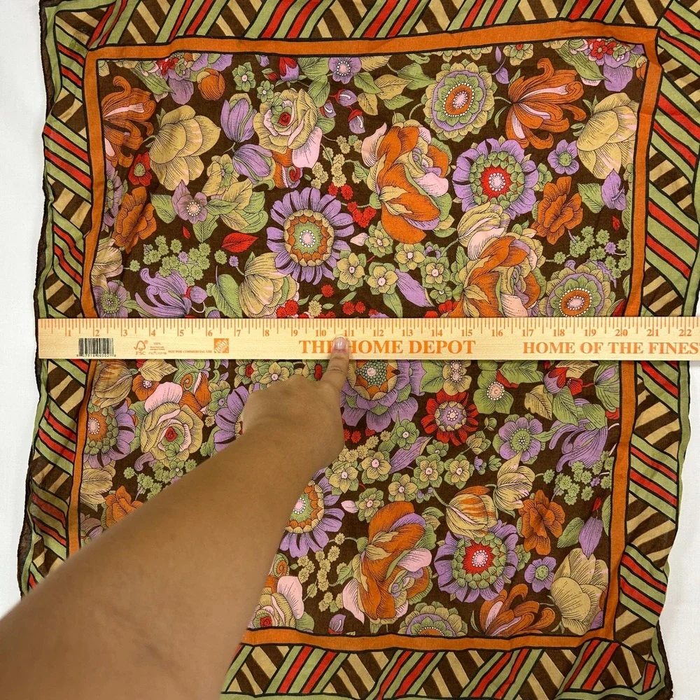 Vintage 70s Retro Floral & Striped Border Square Scarf Brown Boho Neck Kerchief